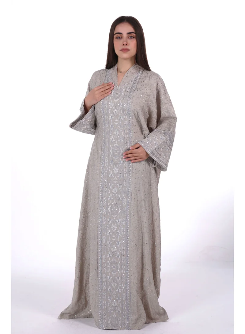AL BENT AL SHARQIEH khaki beige Embroidered Linen Jalabiya dress with unvisible belt for Women | Best Price UAE